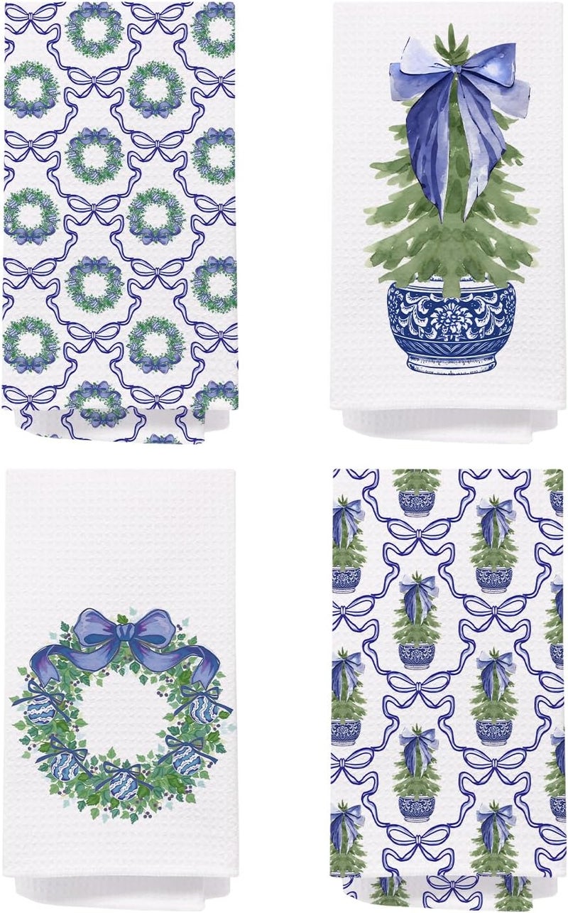 SPBL&L Chinoiserie Christmas Kitchen Towels,Blue Bow Coquette Christmas Tree Dish Towels for Kitchen Bathroom, Blue Christmas Hand Towels for Kitchen,Set of 4 Grandmillennial Decor,16x24 Inches - Image 1